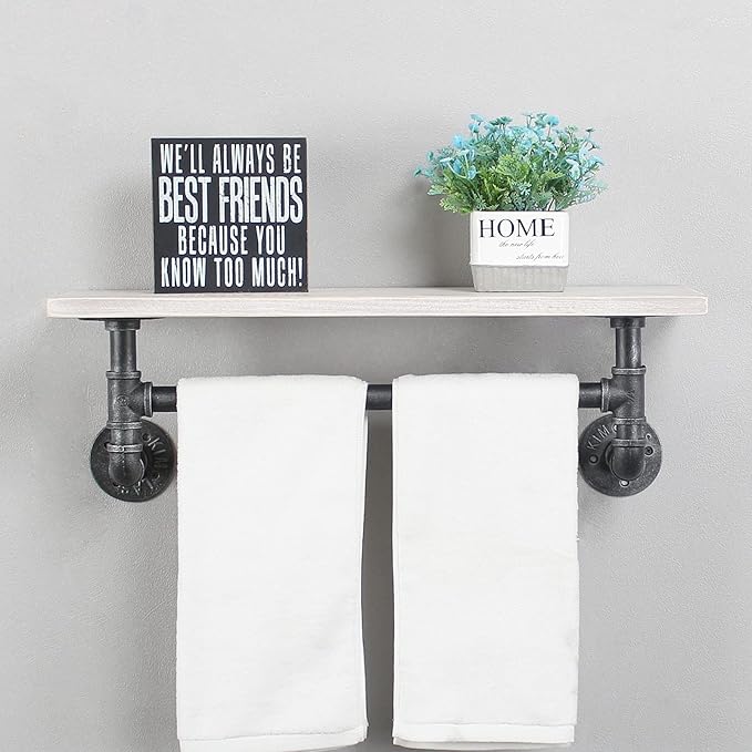 MBQQ Iron Pipe Shelves Industrial Bathroom Shelves with Towel bar,24in Rustic Metal Pipe Floating Shelves Pipe Wall Shelf,1 Tier Industrial Shelf Wall Mounted,Retro White