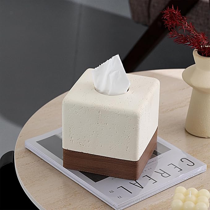 Tissue Box Cover Square, Resin Facial Tissue Holder Covers Toilet Paper Holder Decorative Travertine Paper Dispenser Home Decor for Bathroom Bedroom Living Room Office