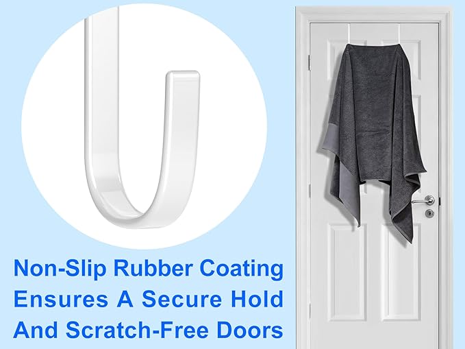 Over the Door Hooks 4Pcs L=5.5" Fit 1 3/8" Door Steel with White Rubber Coating Hanging Towel Robe Clothing Hanger for Bathroom Room Wreath Ironing Board Holder Cute Thin Single Heavy Duty
