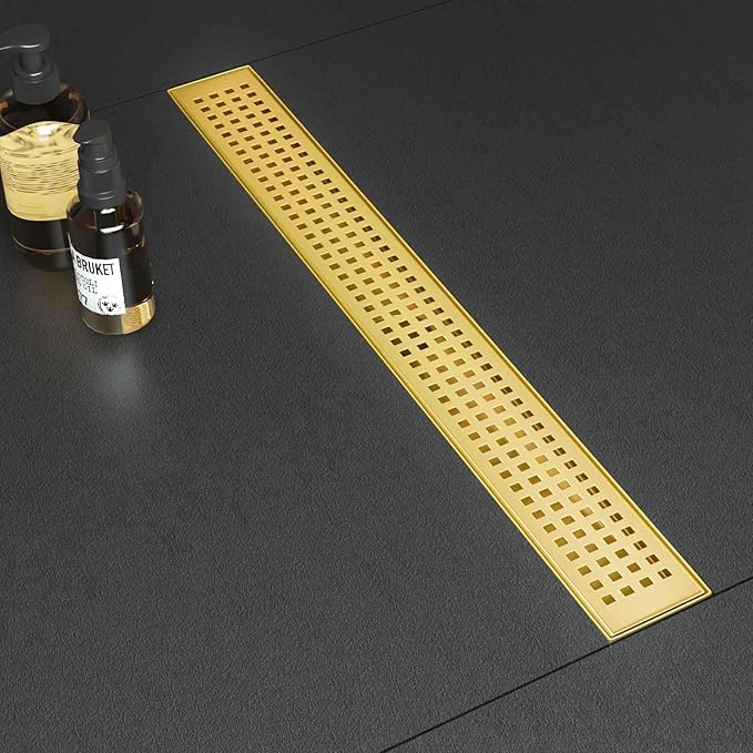 SaniteModar Linear Shower Drain - Gold 60 Inch with Removable Grate, Brushed 304 Stainless Steel Floor Drain Includes Hair Catcher and Leveling Feet