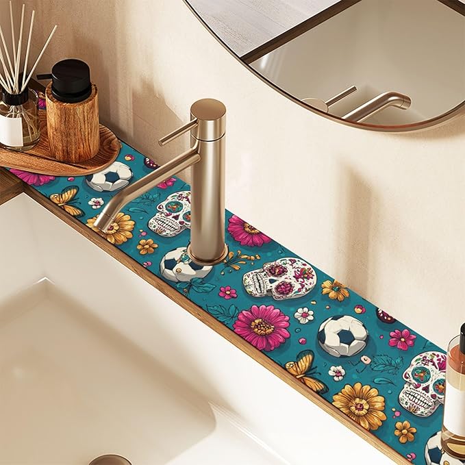 Kitchen Sink Splash Guard 2 PCS 30 Inch Sink Faucet Mat Splash Guard for Bathroom Countertop Water Absorbent Foldable Cuttable Soft Washable Mexican Flag Flower Soccer
