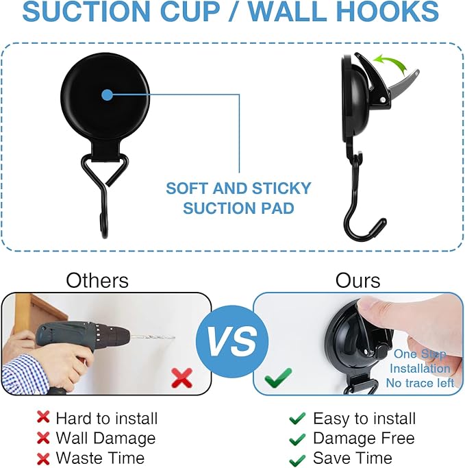 Heavy Duty Vacuum Wreath Cup Adhesive Hook,Hanging 13 lbs Robe Towel Hooks, Easy to Install and Remove, Super Suction for Kitchen， Bathroom and Restroom (Shiny Black, 2Pack)