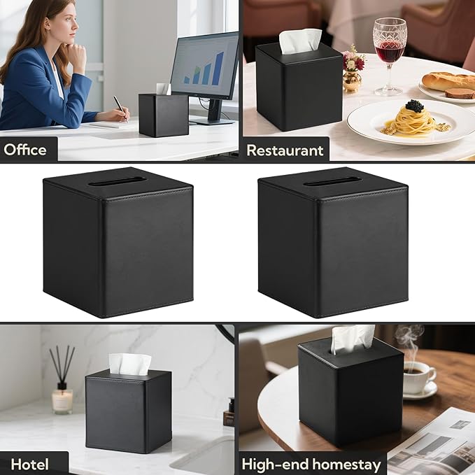 2 Pack PU Leather Tissue Box Cover Square Tissue Box Holder with Magnetic Closure, Black Tissue Box Cover, Black Tissue Box Holder, Decorative Tissue Holder for Bathroom Bedroom Office