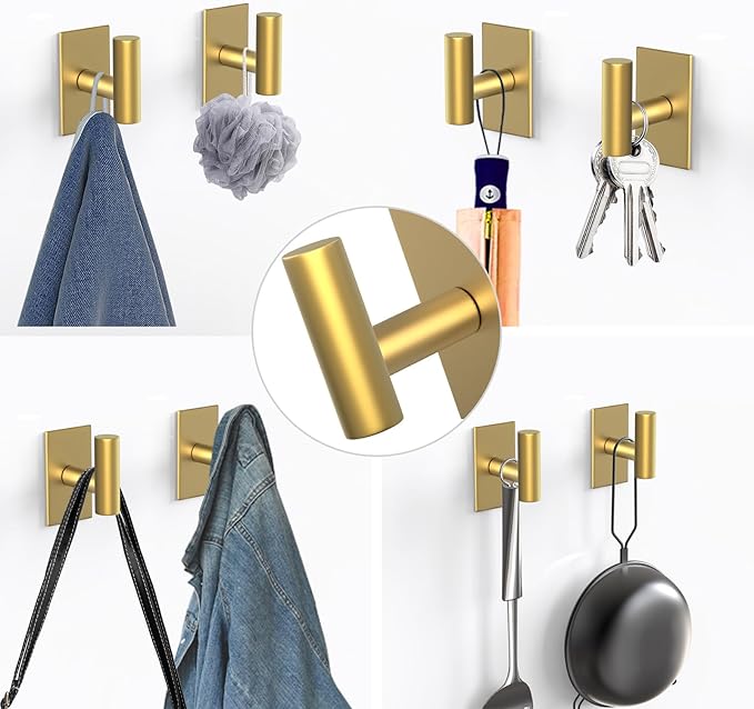 PMMASTO Adhesive Hooks, Matte Stainless Steel Sticky Hooks for Hanging, Self Adhesive Shower Wall Hooks, Towel Hooks Heavy Duty for Bathroom, Bedroom RV and Kitchen (Gold “T ”Shape 4PC-S)