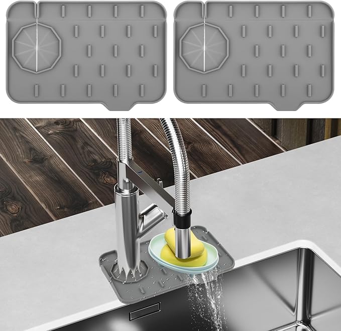 2Pcs Silicone Sink Faucet Splash Guard Mat, Soap Dish Pad Faucet Handle Drip Catch Sponge Holder Sink Protector Tray with Outlet & Slope for Bathroom Kitchen Countertop RV Gadget 8.3 x 5.3 Inch