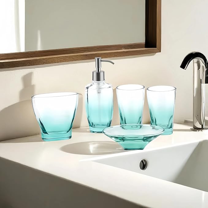Teal Glass Bathroom Accessories Set 5 Pieces – Green Bathroom Set with Soap Dispenser, Toothbrush Holder, 2 Tumbler Cups, Soap Dish