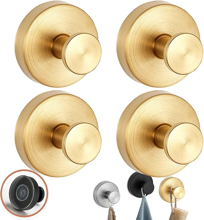 Luxe Hold No-Drill Hooks, 2024 Upgraded Suction Cup Hooks, Stainless Steel Waterproof Suction Cup Hooks for Shower, Bathroom, Hanging Towels, Mounting on Glass Shower Doors, Tile, Mirrors (Gold*4)