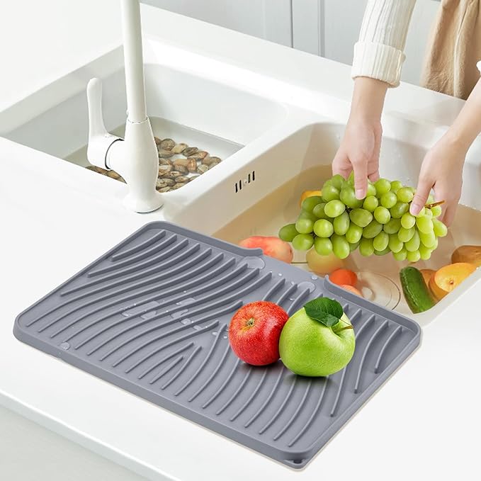 Silicone Dish Drying Mat for Kitchen Counter, Dish Drying Pad, Non-Slip Drain Pad with Built-in Drain, Heat Resistant Stone Drying Mat(16" x 12", Grey)