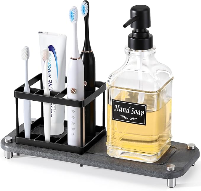 Shinowa Toothbrush Holders with Soap Dispenser and Water Absorbing Diatomite for Bathroom, Stainless Steel Tooth Brush Toothpaste Holder for Kitchen Countertop Sink, Bathroom Organizers and Storage