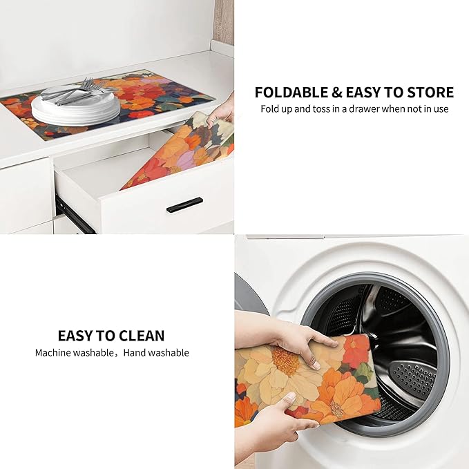 Colorful Floral Dish Drying Mat for Kitchen Counter, 18"x24" Microfiber Absorbent Fast Dry Mat, 2Pcs Dish Mat Faucet Mats Sets, Large Drying Kitchen Mat Kitchen Drying Pad Coffee Bar Decor Gifts