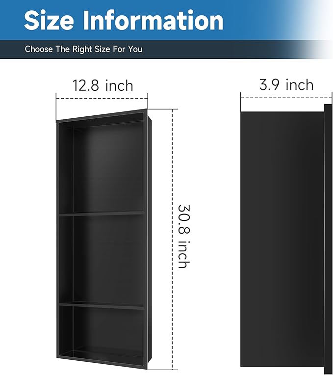 Shower Niche 13 × 31 Black, 3 Shelves Wall Niche Recessed Shelf for Bathroom Storage, Shower Niche Insert Tile Ready No Tile Needed Over Mount Installation