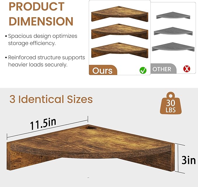 Fun Memories Corner Shelf Wall Mount, Wood Floating Corner Shelves, Corner Wall Shelf for Bedroom, Bathroom, Kitchen, Living Room (Brown, 3 Pack)