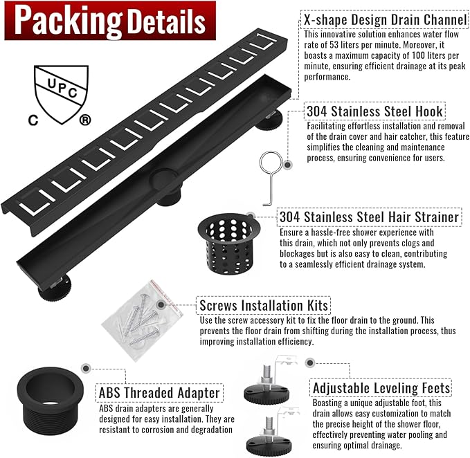 32 Inch Linear Shower Drain, Matte Black Shower Drain,Removable Grate, 304 Stainless Steel, Easy to Install and Clean for Bathrooms (Drain Base Not Included), LSD-30A-32B