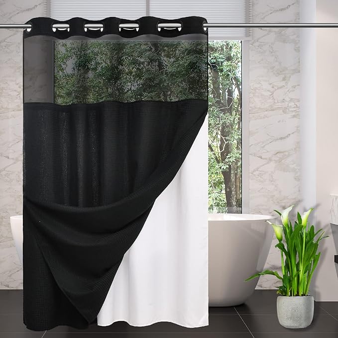 No Hooks Required Waffle Weave Shower Curtain with Snap in Liner-Hotel Grade Waterproof & Mesh Top Window Spa Like Bath Curtain Machine Washable Heavy Duty 71Wx74L(Black)