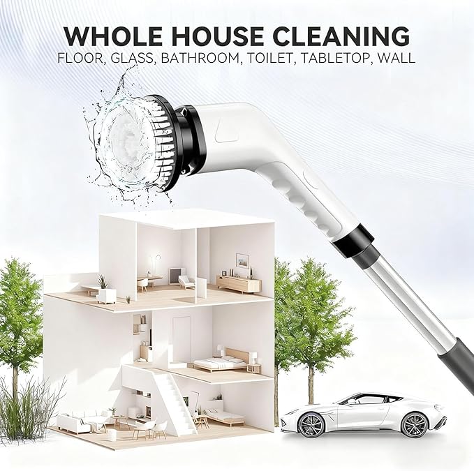 Electric Spin Scrubber - Rotating Cordless Cleaning Brush | Adjustable Shower Cleaner Brush, Long Lasting Shower Scrubber for Home Doors Kitchen Sinks Bathtubs Grout Lines Outdoor Furniture