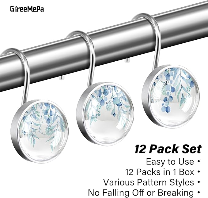 12 Pcs Spa Blue Eucalyptus Shower Curtain Hooks - Decorative Shower Curtain Hooks Rings Set - Farmhouse Stainless Steel Round Resin Shower Rings Hangers for Summer Bathroom Rods Decor