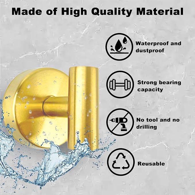 Suction Cup Shower Towel Hooks, Wall Mount Robe Holder, Heavy Duty No Drill Wall SUS304 Waterproof Stainless Steel Hooks for Bedroom, Bathroom, Kitchen, Hotel and Office (2*Brushed Golden)