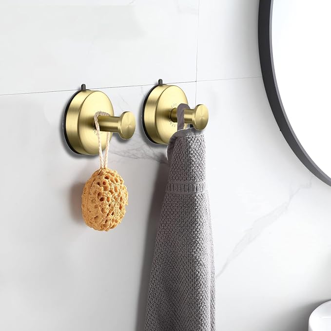 DGYB Suction Cup Hooks for Shower Set of 4 Removable Stainless Steel Towel Hook for Bathroom Glass Window Door Wall and Suction Wreath Hook for Hanging Robe, Loofah, Coat - Gold