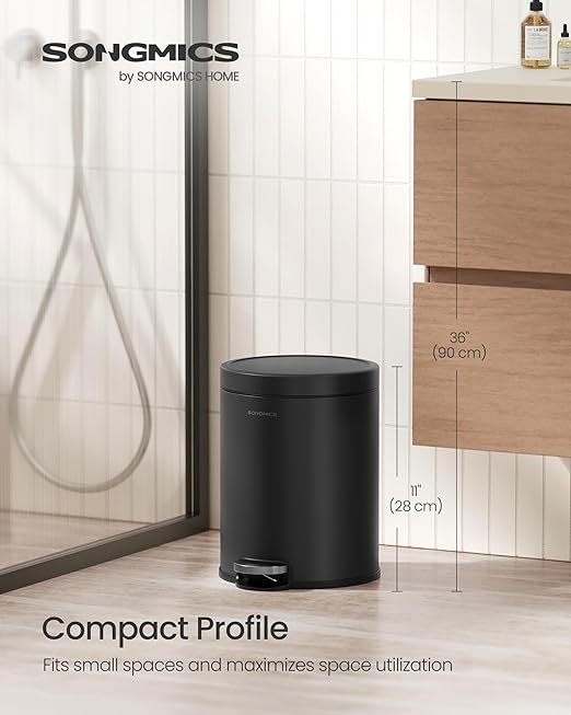 SONGMICS Bathroom Trash Can, 1.6 Gallon (6 L) Small Toilet Garbage Bin with Lid, Soft-Close, Stainless Steel, Pedal, Inner Bucket, Bedroom, Ink Black ULTB016BZ01