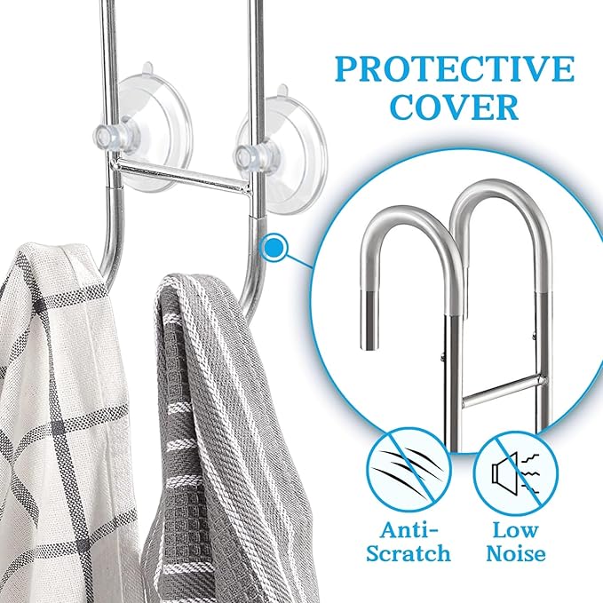 Shower Door Towel Hooks (2-Pack), 9"~13" Length Adjustable Hook for Framed & Frameless Over The Door Glass, Squeegee Holder, Towels Hanger for Bath Suits Rozer Robes Loofahs Shavers, Silver