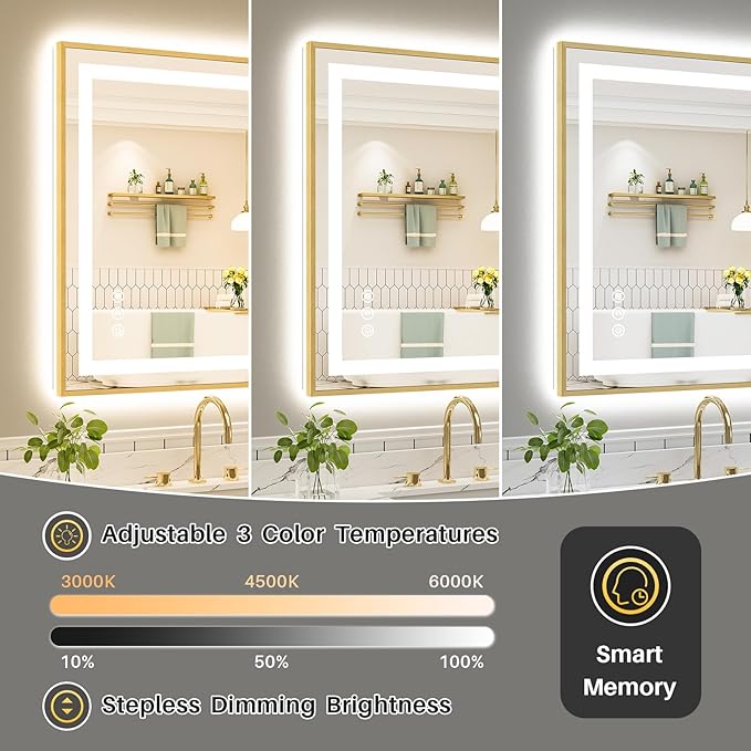 44x36 Inch LED Bathroom Mirror with Gold Frame, Backlit & Front Lit, Anti-Fog Lighted Bathroom Vanity Mirror for Wall, Memory Function, Dimmable, HD Tempered Glass, Shatter-Proof
