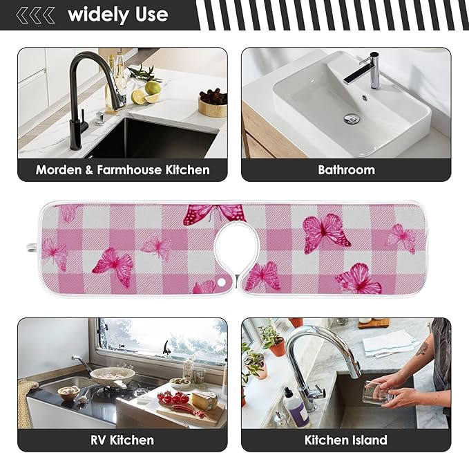 Sink Faucet Absorbing Mat Kitchen Sink Splash Guard Splash Faucet Drip Catcher for Bar RV Bathroom 2PCS 23.6x5.5in Checkered Pink and White Butterflies
