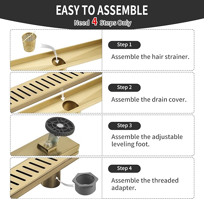 Linear Shower Drain 36 inch, Floor Drain with Removable Pattern Grate, 304 Stainless Steel Rectangular Linear Drain with Hair Strainer, CUPC Certified, Brushed Gold, SD-104