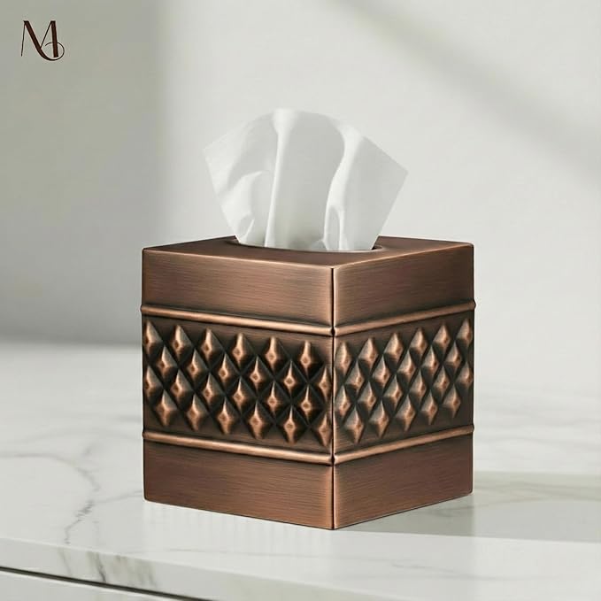 Monarch Abode Tissue Box Cover Square – Handcrafted Geo Embossed Antique Copper Metal Tissue Holder Box for Bathroom Accessory, Aesthetic Decorative Facial Napkin Cube for Modern Home Decor