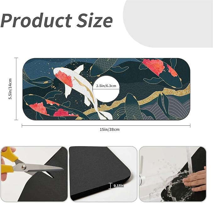 Faucet Draining Mat For Kitchen Sink, Oriental Japanese Koi Fish Diatom Mud Absorbent Drain Pad For Bathroom Kitchen Sink Splash Guard Drying Mat