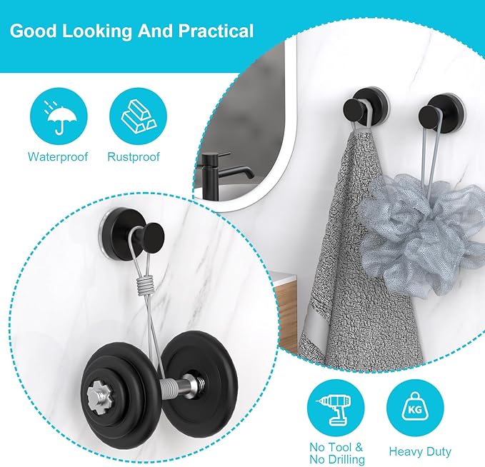 HUFEEOH 4-Pack Heavy Duty Suction Cup Hooks for Shower - Strong Vacuum Black Hooks for Towels, Robes & Accessories, Removable Bathroom Holder for Tile, Glass, Mirror - No Drill Hanging Solution