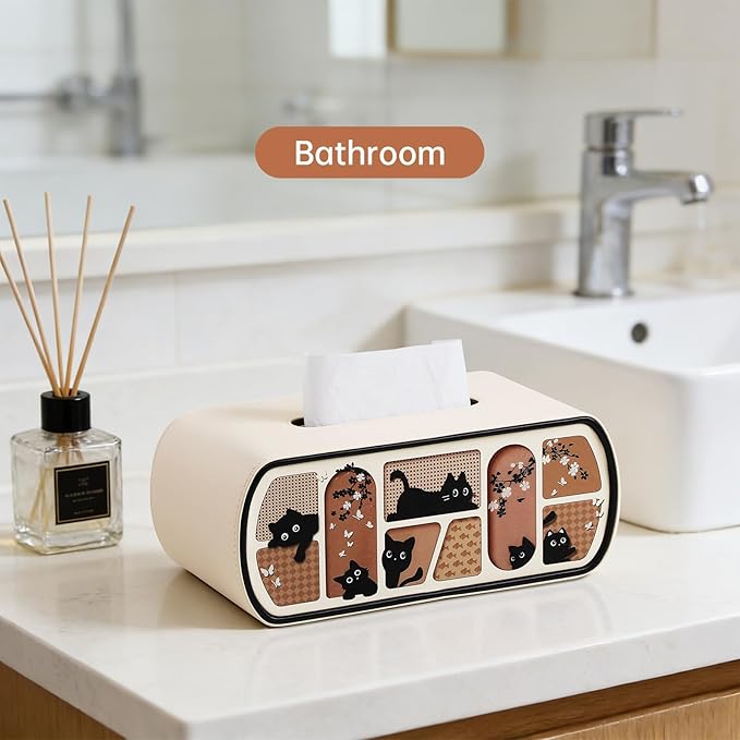 Kitty Cat Tissue Box Cover Rectangle, 4 Inches High Tissue Box Holder for 120(3-Ply)/160(2-Ply) Count Boxes, Stylish Curved Edge Tissue Holder for Bathroom Living Room Car Office (Beige)