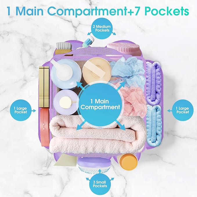 Mesh Shower Caddy Portable with Drawstring, 1 Main Compartment+ 7 Pockets, College Dorm Room Essentials for Girls, Shower Organizer Hanging Bag for Beach, Camp, Swim, Gym, Travel