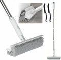 Floor Scrub Brush with Long Handle, 2 in 1 V-Shape Grout Brush with Squeegee + 2 Crevice Cleaning Brushes, Heavy Duty Stiff Bristle Scrubber Brush for Cleaning Shower Bathroom Kitchen Tile