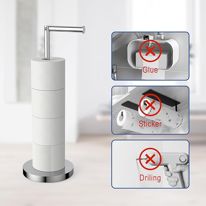 Free Standing Toilet Paper Rack, SUS304 180 Degree Rotatable Tissue Holder with Shelf, Polished Chrome Bathroom Storage Toilet Roll Stand