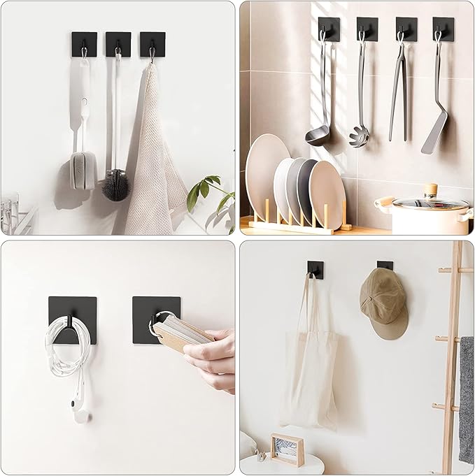 VIS'V Adhesive Towel Hooks, Waterproof Shower Wall Stick on Hooks, 2 Extra Adhesive Strips, Black, 4 Pcs