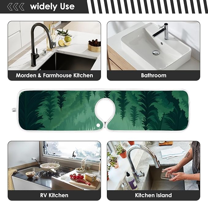 2 PCS Kitchen Sink Splash Guard 30 Inch Faucet Mat for Kitchen Sink Bathroom Sink Faucet Absorbing Drip Drain Mat Pad Microfiber Soft Washable Green Mountain Forest Trees