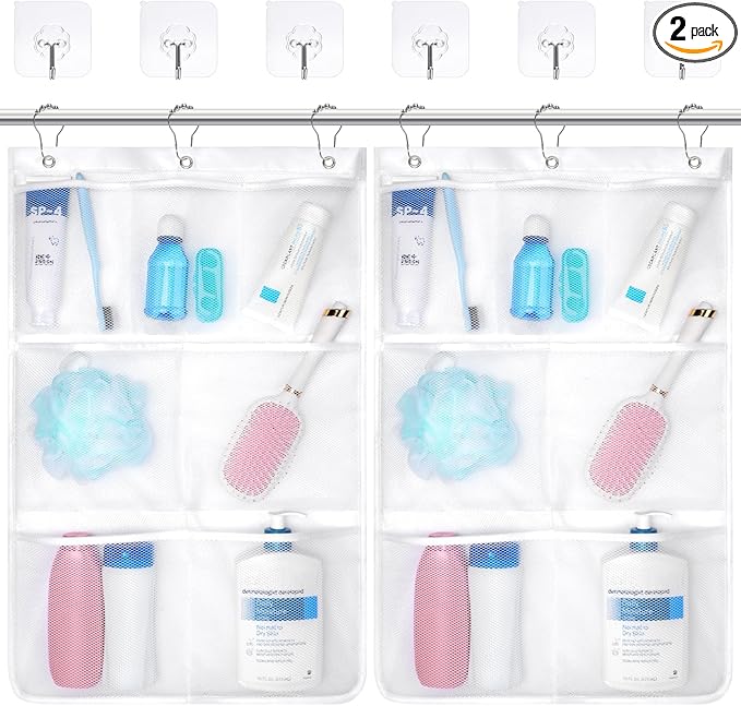 F-color Cruise Essentials 2026 - Mesh Shower Organizer Hanging with 7 Pockets for RV Gym Camping, Quick-Dry Portable Toiletry Bag with Metal Hooks for Bathroom Travel Toiletries