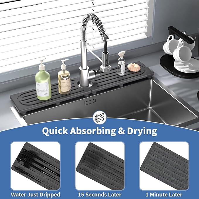 Fast Drying Kitchen Sink Splash Guard, Durable Stone Kitchen Faucet Mat, Water Absorbing Stone Tray for Sink, Diatomite Faucet Mat for Kitchen Sink, Stone Drying Mat for Kitchen and Bathroom Counter