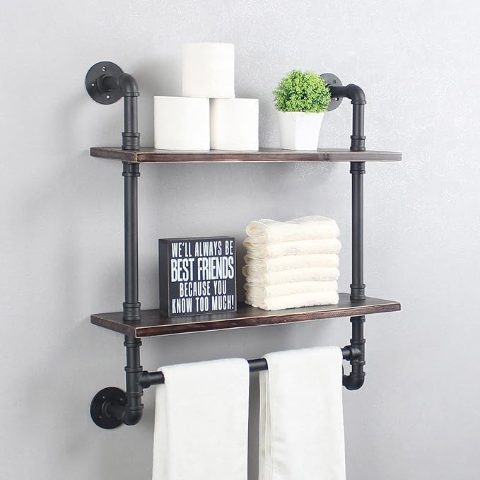 MBQQ Pipe Shelving,Iron Pipe Shelves Industrial Bathroom Shelves with Towel bar,24in Rustic Metal Pipe Floating Shelves Pipe Wall Shelf,2 Tier Industrial Shelf Wall Mounted,Retro Black