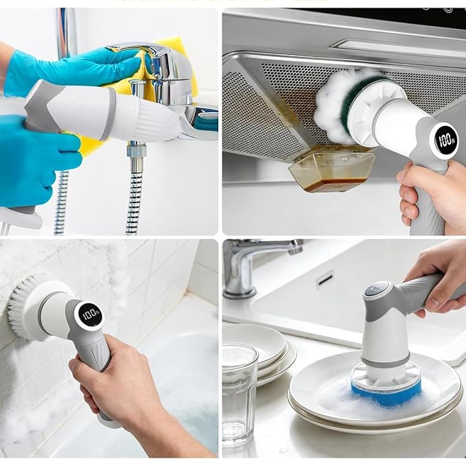 DAESUNG Electric Spin Scrubber, Cordless Power Scrubber & Electric Cleaning Brush with 7 Replaceable Heads, Dual Speed IPX7 Waterproof Handheld Cleaning Scrubber for Bathroom, Shower & Tile