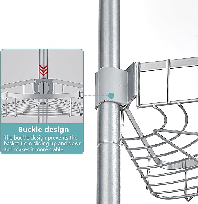 WPT Grey Shower Caddy Corner Organizer for Bathroom, Stainless Steel Tension Pole Corner Shelf Shower Caddy Stand for Bathtub Shampoo Storage, 4 Tier Adjustable Shelves, 28.7 to 104.7 Inches