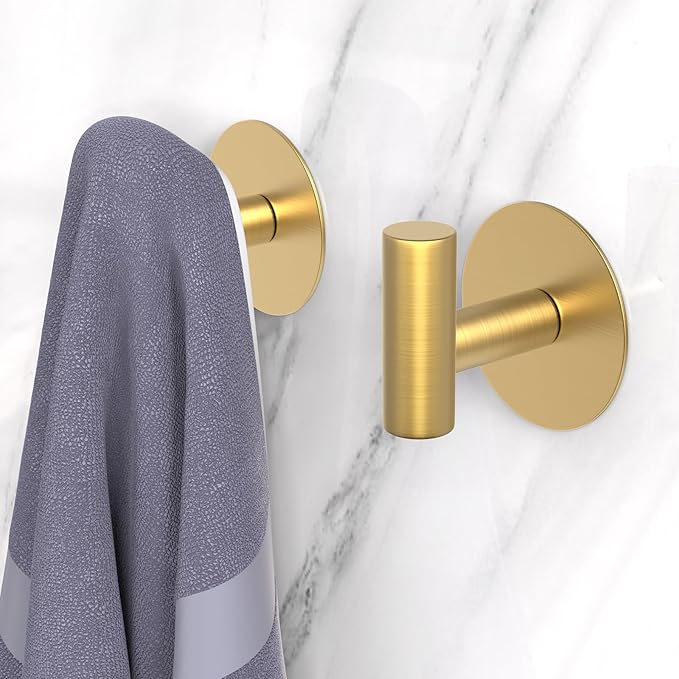 PMMASTO Adhesive Hooks, Matte Stainless Steel Sticky Hooks for Hanging, Self Adhesive Shower Wall Hooks, Towel Hooks Heavy Duty for Bathroom, Bedroom RV and Kitchen (Gold “T ”Shape 2PC-R)