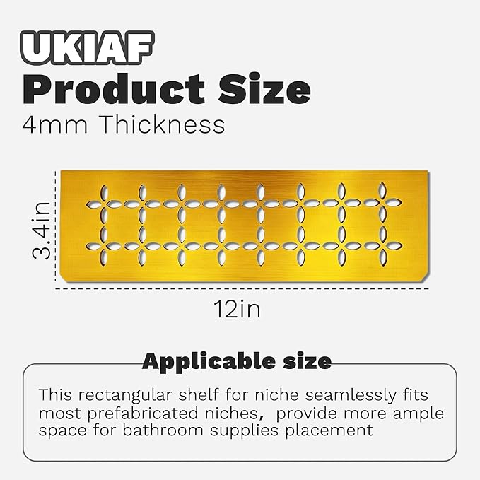 12 Inch Brushed Golden Aluminum Material Shower Niche Shelf Rectangular Bathroom Niche Shelf with Floral Design Fits Prefabricated Tile Niches