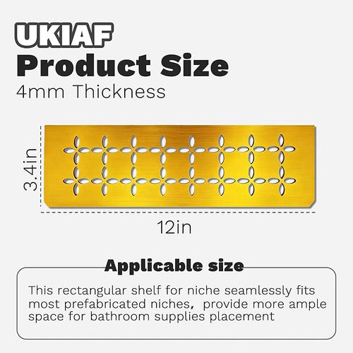 12 Inch Brushed Golden Aluminum Material Shower Niche Shelf Rectangular Bathroom Niche Shelf with Floral Design Fits Prefabricated Tile Niches