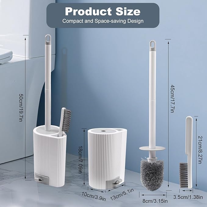 Toilet Bowl Brush and Holder 2 Pack Long Handled Toilet Brush for Bathroom with 2 Crevice Brushes Deep-Cleaning Plastic Toilet Scrubber Brush Set (White)