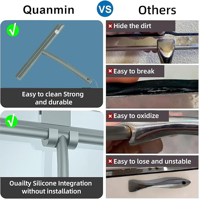 9 Inch Rounded Shower Squeegee with Hook & Suction Cup | Stainless Steel Core Silicone Wiper for Glass, Ceramic Doors & Windows - Grey Multi-Use Tool