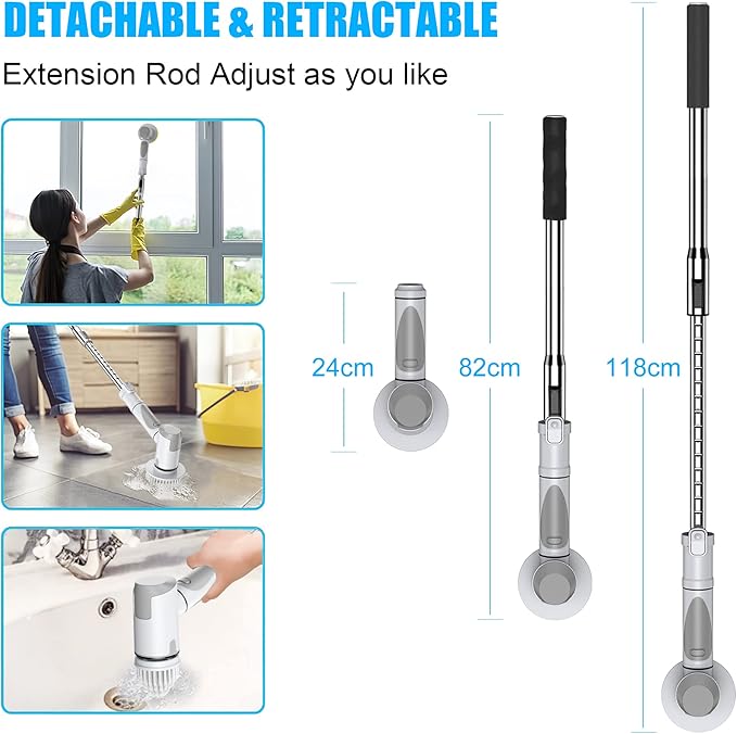 Electric Spin Scrubber, Scrub Brush Dual Speed, Power Shower Scrubber with 6 Replacement Head, Cordless Cleaning Brush with Extension Handle for Bathtub Grout Tile Floor, White