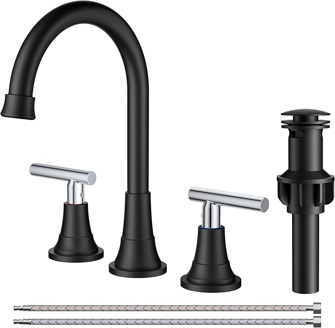 FORIOUS 3 Hole Rv Bathroom Faucet Black and Chrome, 2 Handle Mix Color Matte Black and Polished Chrome Bathroom Sink Faucet 3 Hole, with 360° Rotating Spout, Pop-up Drain, and Supply Line