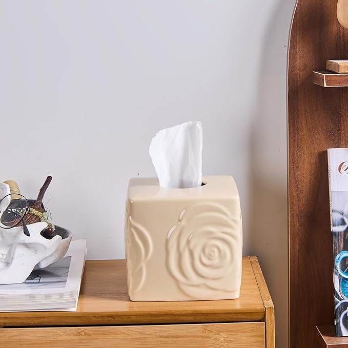 Beige Ceramic Cube Tissue Box Cover with Rose – Large Elegant Rose Floral Square Decorative Tissue Box Holder for Bathroom, Bedroom, Office Desk, Kitchen Counter – Perfect Housewarming Gift