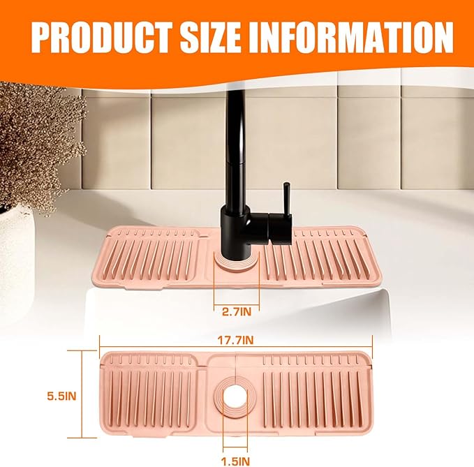 Pink Button Style Faucet Drip Catcher – Silicone Faucet Mat for Kitchen Sink, Leak-Proof Splash Guard with 6° Slope | Behind Faucet Draining Mat Easy Gadgets for Bathroom Kitchen Countertops17.7"